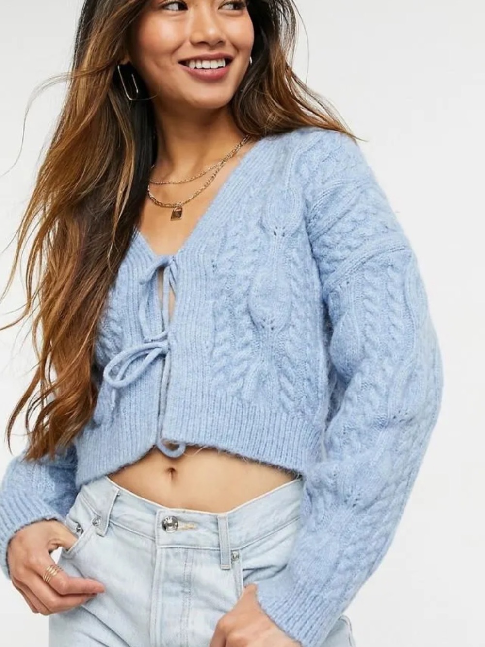 Mango Tie Front Cable Cardigan Sweater Light Blue Size Small